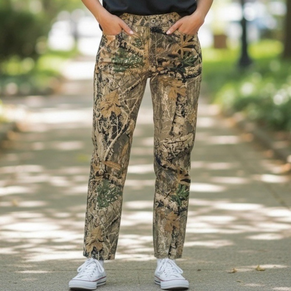 Telepatia Women's Stretch Brown Forest Camo Pants 20W High Rise Straight-Leg NWT